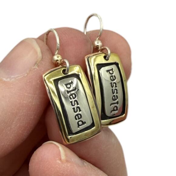 Far Fetched Blessed Dangle Earrings Rectangle Artisan Crafted Stamped Quote - Picture 2 of 6